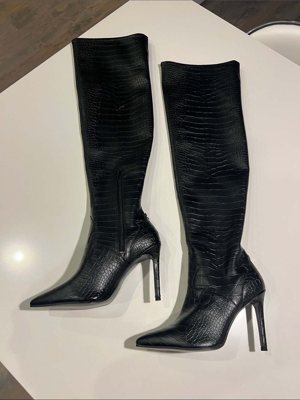 GUESS gressa knee high black crocodile embossed faux leather pointed toe boots